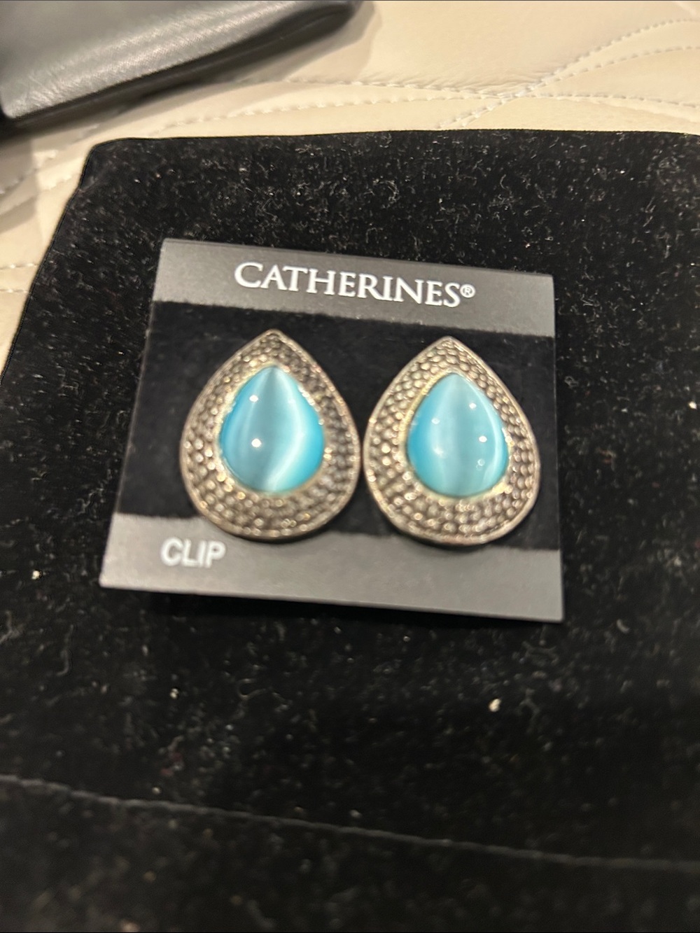 Catherines Teardrop Blue Clip-On Earrings with Silver-Tone Frame